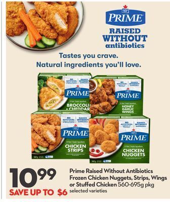 Longo's Prime raised without antibiotics frozen chicken nuggets, strips, wings or stuffed chicken offer