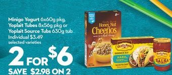 Longo's Minigo yogurt 6x60g pkg, yoplait tubes 8x56g pkg or yoplait source tubs 630g tub offer