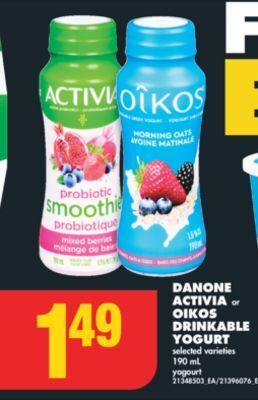 No Frills Danone activia or oikos drinkable yogurt, 190 ml offer