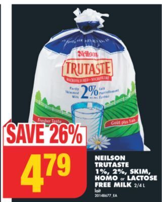 No Frills Neilson trutaste 1%, 2%, skim, homo or lactose free milk, 2/4 l offer