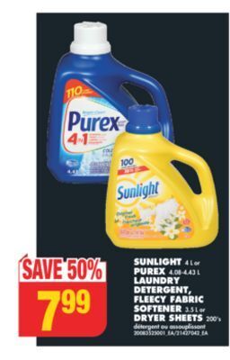 No Frills Sunlight, 4 l or purex, 4.08-4.43 l laundry detergent, fleecy fabric softener, 3.5 l or dryer sheets, 200's offer