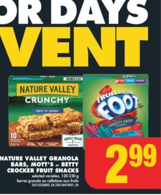 No Frills Nature valley granola bars, mott's or betty crocker fruit snacks, 120-230 g offer
