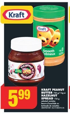 No Frills Kraft peanut butter, 750 g/1 kg or hazelnut spread, 725 g offer