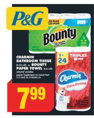 No Frills Charmin bathroom tissue 8=24 rolls or bounty paper towel 4=6 rolls offer