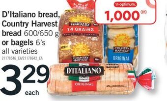 Fortinos D'italiano bread, country harvest bread 600/650 g or bagels 6' s offer