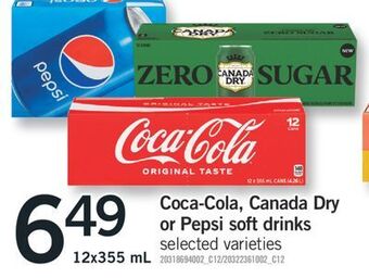 Fortinos Coca-cola, canada dry or pepsi soft drinks,12x355 ml offer