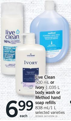 Fortinos Live clean, 500 ml or ivory, 1.035 l body wash or method hand soap refills, 838 ml/1 l offer