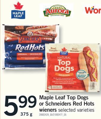 Fortinos Maple leaf top dogs or schneiders red hots wieners, 375 g offer