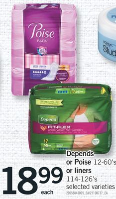 Fortinos Depends or poise 12-60' s or liners 114-126' s offer