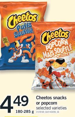 Fortinos Cheetos snacks or popcorn, 180-285 g offer