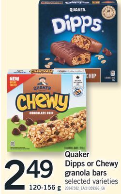 Fortinos Quaker dipps or chewy granola bars, 120-156 g offer