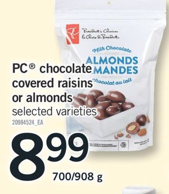 Fortinos Pc chocolate covered raisins or almonds, 700/908 g offer