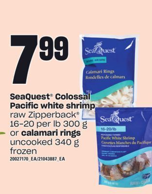 Loblaws Seaquest colossal pacific white shrimp, 16-20 per lb 300 g or calamari rings uncooked, 340 g offer