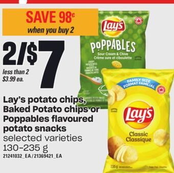 Loblaws Lay's potato chips, baked potato chips or poppables flavoured potato snacks, 130-235 g offer