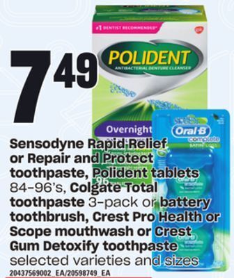 Loblaws Sensodyne rapid relief or repair and protect toothpaste, polident tablets, 84-96's, colgate total toothpaste, 3-pack or batte offer