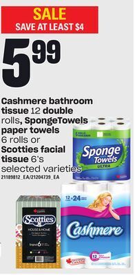 Loblaws Cashmere bathroom tissue, 12 double rolls, spongetowels paper towels, 6 rolls or scotties facial tissue, 6's offer