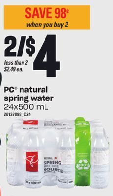 Loblaws Pc natural spring water, 24x500 ml offer
