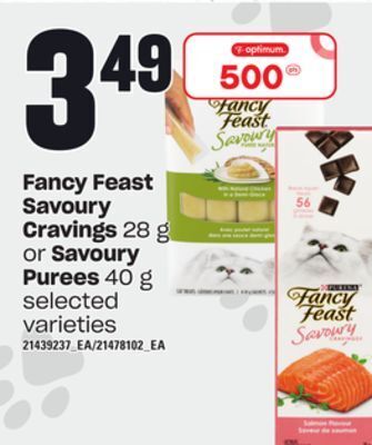 Loblaws Fancy feast savoury cravings, 28 g or savoury purees, 40 g offer