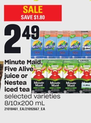 Loblaws Minute maid, five alive juice or nestea iced tea, 8/10x200 ml offer