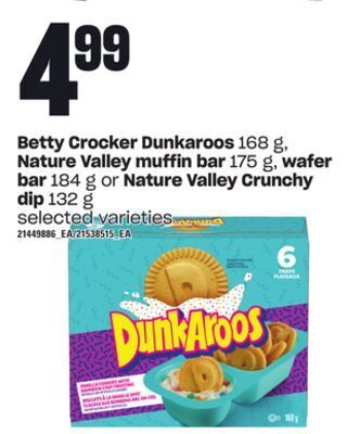 Loblaws Betty crocker dunkaroos, 168 g, nature valley muffin bar, 175 g, wafer bar, 184 g or nature valley crunchy dip, 132 g offer