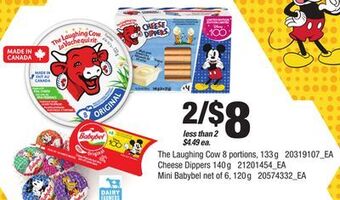 Loblaws The laughing cow 8 portions, 133 g, cheese dippers 140 g, mini babybel net of 6, 120 g offer