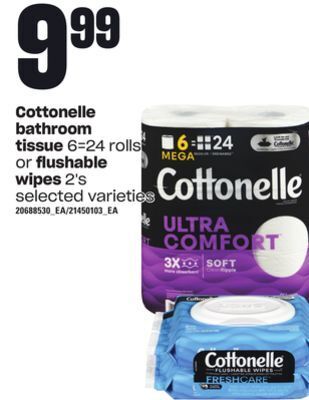 Loblaws Cottonelle bathroom tissue, 6=24 rolls or flushable wipes, 2's offer