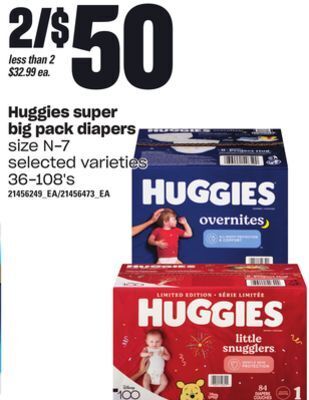 Loblaws Huggies super big pack diapers, size n-7, 36-108's offer