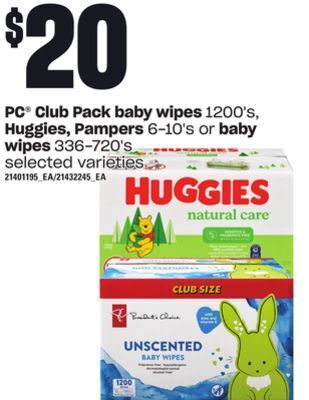 Loblaws Pc club pack baby wipes, 1200's, huggies, pampers, 6-10's or baby wipes, 336-720's offer