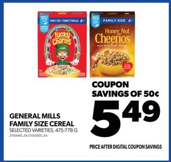 Real Canadian Superstore General mills family size cereal, 475-778 g offer
