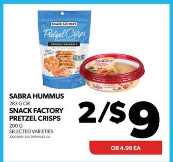 Real Canadian Superstore Sabra hummus, 283 g or snack factory pretzel crisps, 200 g offer