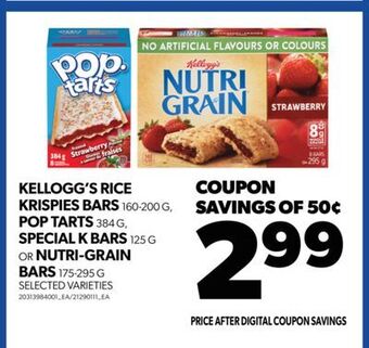 Real Canadian Superstore Kellogg's rice krispies bars, 160-200 g, pop tarts, 384 g, special k bars 125 g or nutri-grain bars, 175-295 g offer