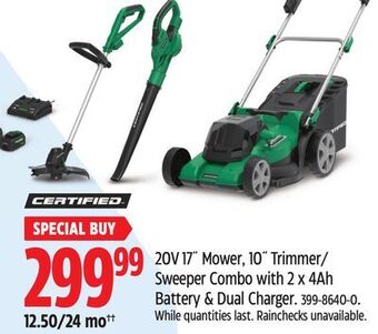 Canadian Tire Certified 20v 17 mower, 10 trimmer/ sweeper combo with 2 x 4ah battery & dual charger offer
