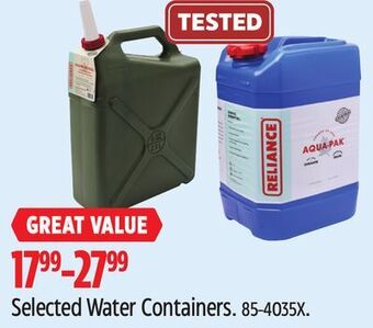Canadian Tire Reliance selected water containers offer