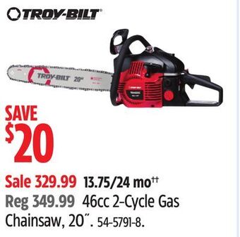 Canadian Tire Troy-bilt 46cc 2-cycle gas chainsaw, 20 offer