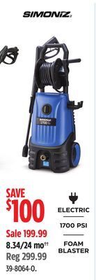Canadian Tire Simoniz 1700 psi 1.4 gpm corded cold water wheeled brushed electric pressure washer w/ foam blaster offer