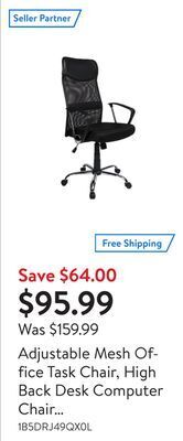 Walmart Adjustable mesh office task chair, high back desk computer chair with fixed arms and fabric seat offer
