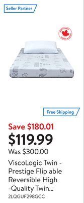 Walmart Viscologic twin - prestige flip able reversible high -quality twin mattress perfect for bunk bed, trundle, guest bed and cara offer
