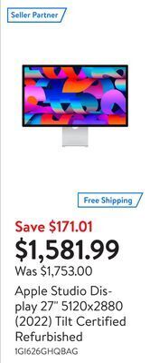 Walmart Apple studio display 27 5120x2880 (2022) tilt certified refurbished offer