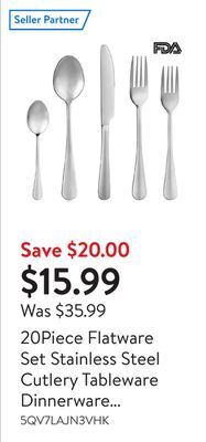 Walmart 20piece flatware set stainless steel cutlery tableware dinnerware utensils set service for 4 people knives tablespoons teaspo offer
