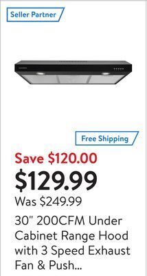 Walmart 30 200cfm under cabinet range hood with 3 speed exhaust fan & push button control, ductless convertible hood vent offer