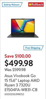 Walmart Asus vivobook go 15 15.6 laptop amd ryzen 3 7320u e1504fa-wb31-cb offer