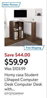 Walmart Homy casa student lshaped computer desk computer desk with bookshelf | walnut offer