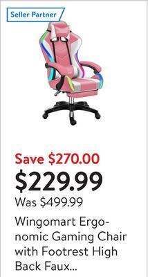 Walmart Wingomart ergonomic gaming chair with footrest high back faux leather gaming chair with rgb led light and adjustable armrest offer