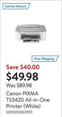 Walmart Canon pixma ts3420 all-in-one printer (white) offer