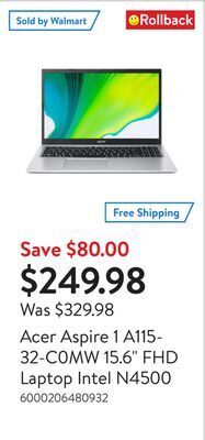 Walmart Acer aspire 1 a115-32-c0mw 15.6 fhd laptop intel n4500 offer
