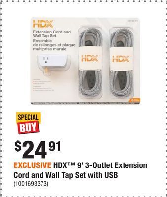 Home Depot Exclusive hdx 9' 3-outlet extension cord and wall tap set with usb offer