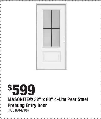 Home Depot Masonite 32 x 80 4-lite pear steel prehung entry door offer