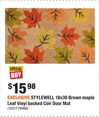 Home Depot Exclusive stylewell 18x30 brown maple leaf vinyl backed coir door mat offer