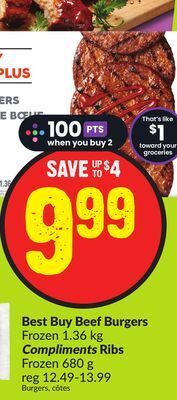 FreshCo Best buy beef burgers frozen 1.36 kg compliments ribs frozen 680 g offer