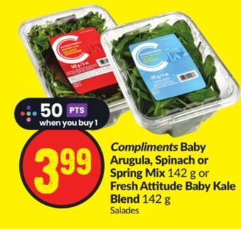 FreshCo Compliments baby arugula, spinach or spring mix 142 g or fresh attitude baby kale blend 142 g offer